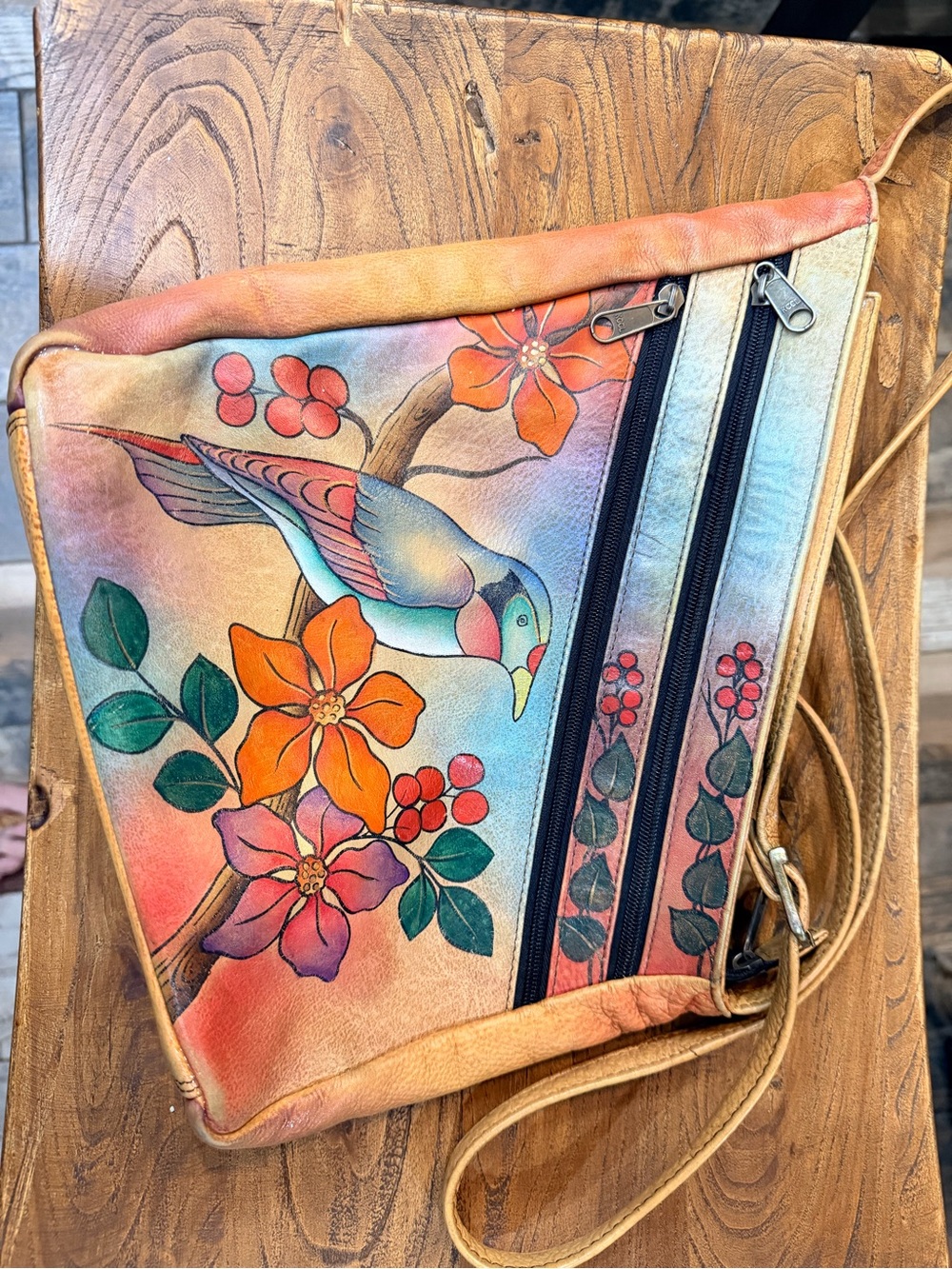 Anuschka Floral Berries Hand Painted Leather Crossbody Flap Bag Purse Rare